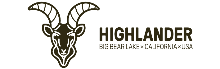 A digital logo for the Highlander trail hiking event in Big Bear Lake, California. Their logo is the head of a mountain goat.